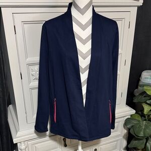 Kim Rogers Navy Blue Open Front Sweater Cardigan w/ Pink Pocket Zippers Size L